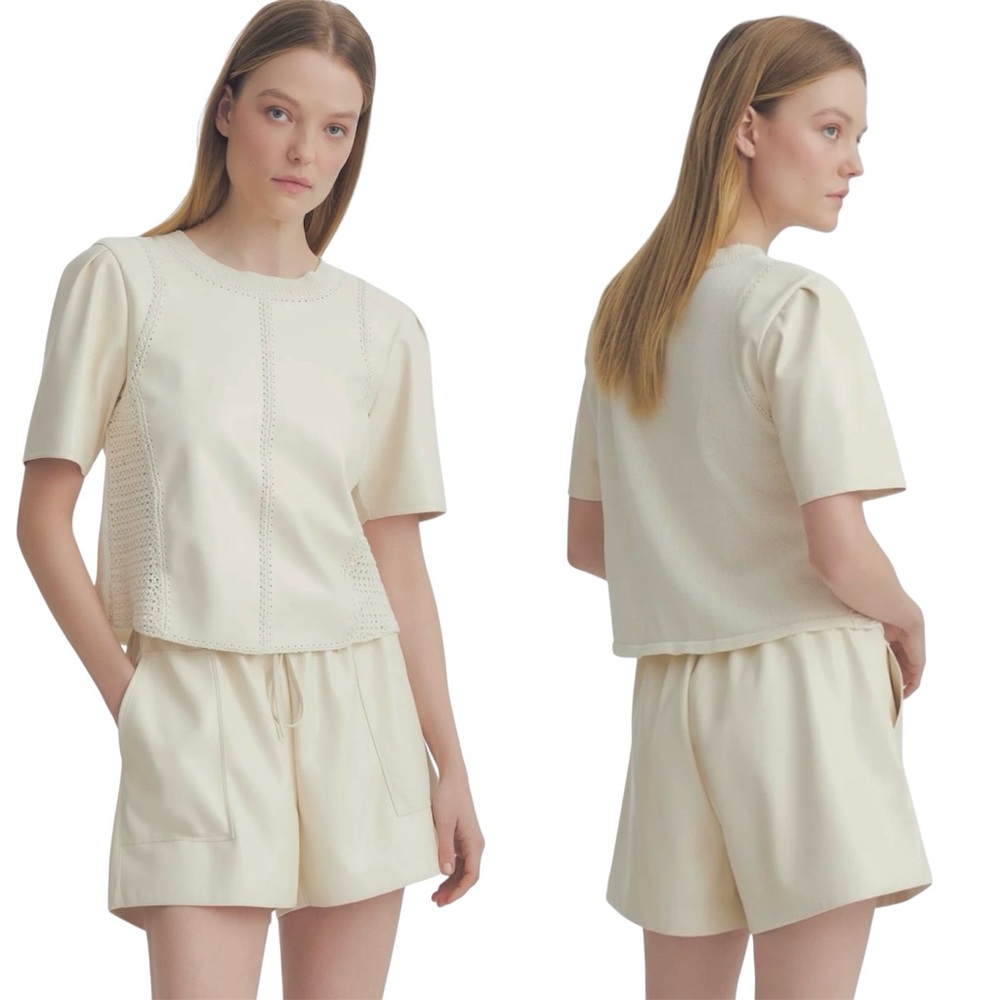 Melissa Nepton Inti Top Vegan Leather Cotton Crochet Mixed Media Blouse Cream